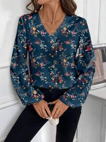 EMERY ROSE 休闲 V 领复古花卉图案女式长袖衬衫，适合秋冬季 - 彩色 - 查看 4