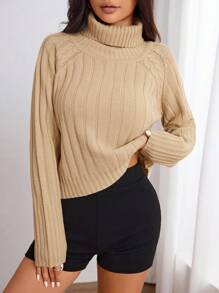Flirla Women Fall Solid Color Turtleneck Raglan Sleeve Casual Loose Knitted Sweater, Autumn/Winter - Khaki - View 3