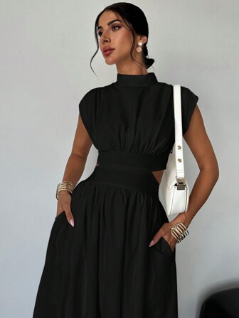 Firerie Vestido de manga larga con cintura ajustada y bolsillos huecos para mujer, elegante para vacaciones, citas, festivales de música y uso diario