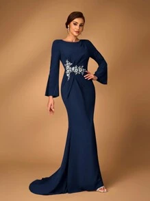 Serin Vestido de mujer elegante de gris y rosa con tela de gasa, cuello redondo, manga larga transparente, detalle de pliegues, apliques de lentejuelas, bajo con cola de pez, adecuado para que las madres asistan a ceremonias de boda, eventos, fiestas y ocasiones formales como madre de la novia