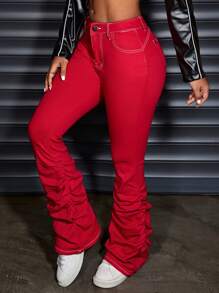 SHEIN SXY Y2K 复古休闲低腰修身喇叭弹力牛仔裤，常规编织红色牛仔裤，适合所有季节 - 紅色 - 查看 6