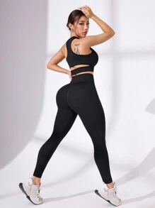 1 Bộ quần áo thể thao bó sát không tay màu trơn đơn giản - màu đen - Xem 6