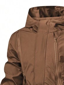 Manfinity Homme Men's Solid Color Hooded Zipper Pleated Casual Long Sleeve Jacket