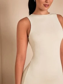 SHEIN BAE 女款露背無袖洋裝，優雅性感奶油白色純色極簡風，適合夏季晚餐度假、雞尾酒會酒吧派對之夜、正式場合 - 杏色 - 查看 7