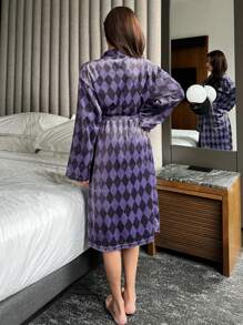 DAZY Flannel Plaid Pattern Print Loose Robe Loungewear, Winter,Fleece Lined Pajama