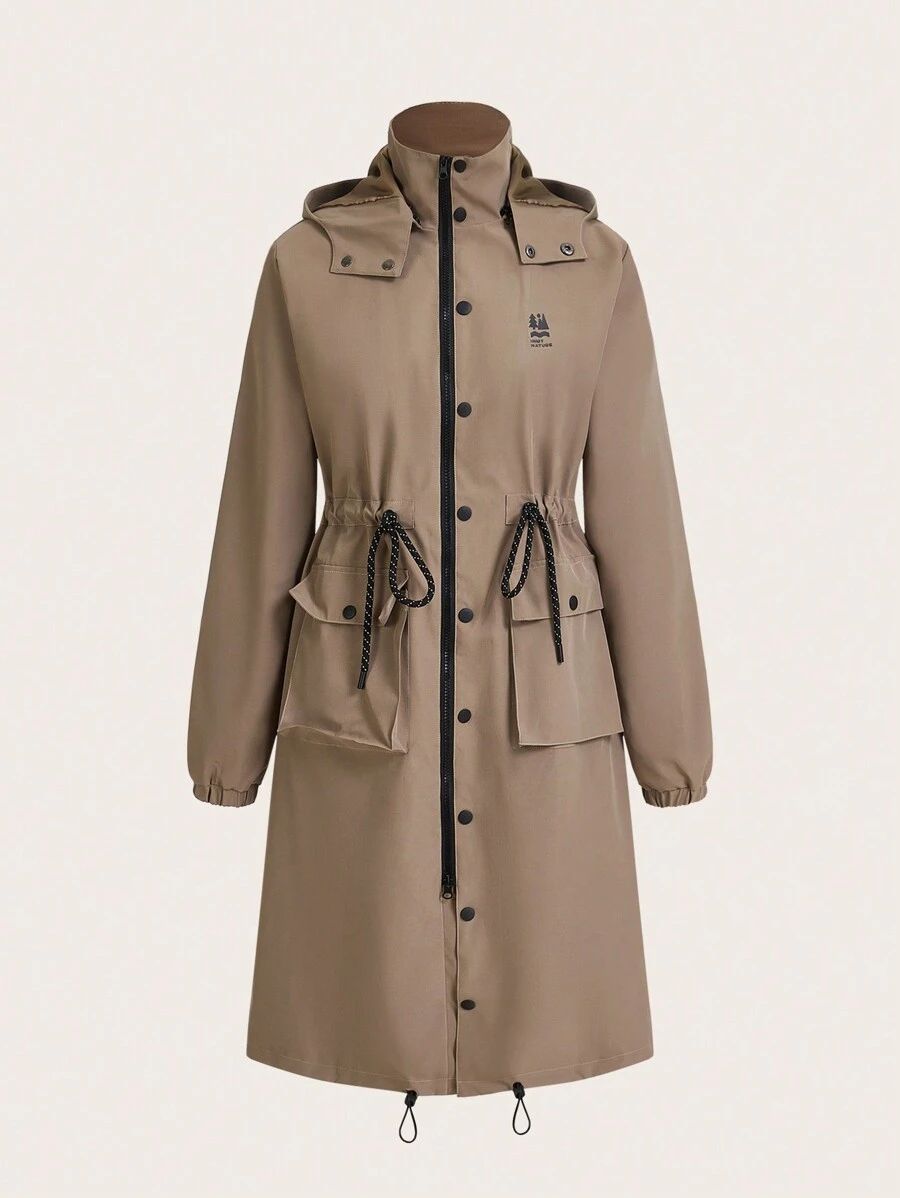 In My Nature Women Casual Front Zip Long Sleeve Hoodie With Pocket, Daily Wear - Khaki - View 1