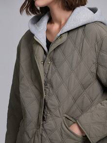 女士撞色长袖前拉链抽绳连帽棉服外套，冬季 - 綠色 - 查看 7