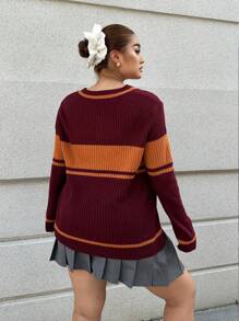 Flirla Áo len dài tay cổ chữ V phối màu tương phản kiểu dáng cổ điển dành cho nữ, thích hợp mặc mùa thu/đông. - Nhiều màu - Xem 2