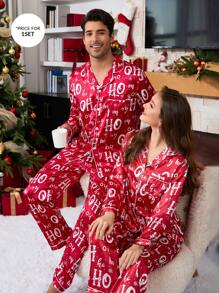 Manfinity CoupledUp Conjunto de pijama de camisa y pantalones de seda sintética con diseño de copos de nieve y ambiente navideño rojo a juego para parejas, ropa de otoño e invierno