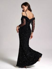 SHEIN Belle Robe élégante pour femmes avec bretelles spaghetti, ourlet en queue de poisson, paillettes. Robe de soirée formelle noire pour le bal, les invités de mariage, la remise des diplômes, le dîner