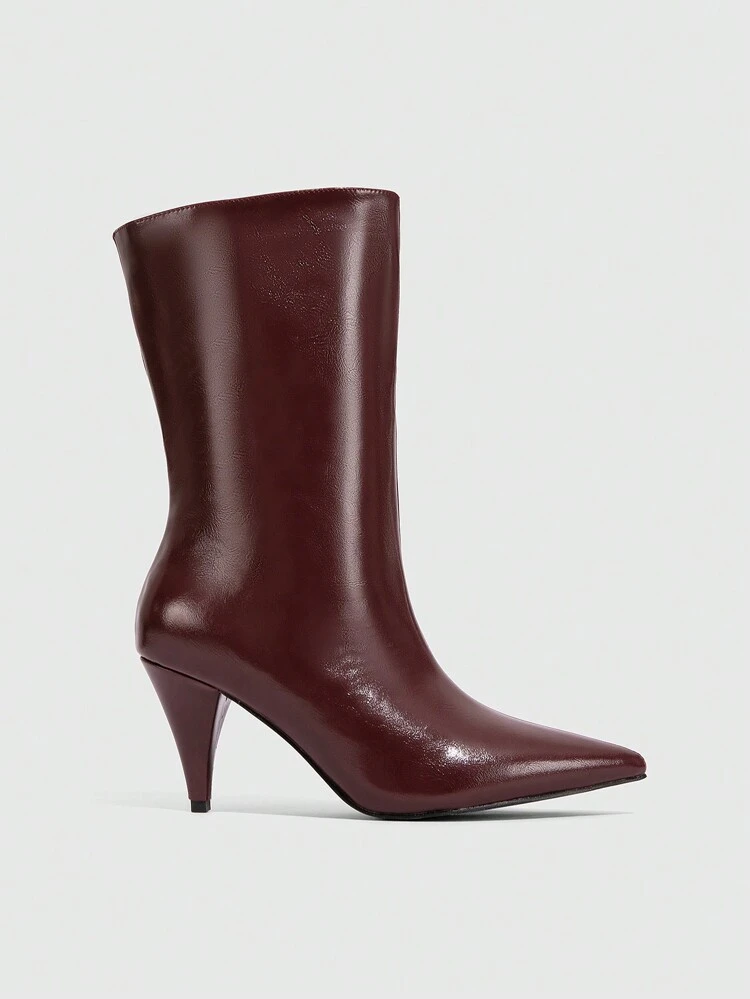 CUCCOO SZL Botas de tacón de aguja de mediados de pantorrilla con punta en color burdeos para mujeres, adecuadas para Navidad, ambiente festivo, citas, noches de fiesta, con vibe navideño y de Año Nuevo, ideal para otoño e invierno