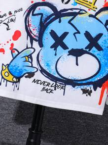 Camiseta de manga larga informal con estilo urbano para niño preadolescente, con diseño gráfico de oso y letras graffiti, adecuada para trayectos, escuela, uso diario casual, deportes, otoño e invierno