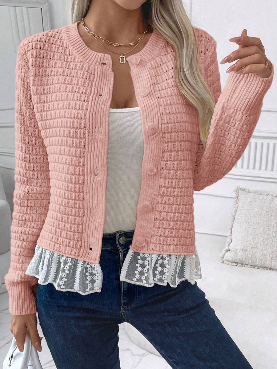 SHEIN LUNE Women Autumn/Winter Casual Button Up Ruffle Hem Lightweight Cardigan - Baby Pink - View 1
