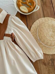 SHEIN Leap Crew Mädchenkleid im Sommer-Patchwork-Stil mit Prinzessin-Ärmeln, Kurzarm, Hemdkragen, geeignet für Outdoor-Treffen, Urlaub und andere Anlässe - Weiss - Übersicht 5