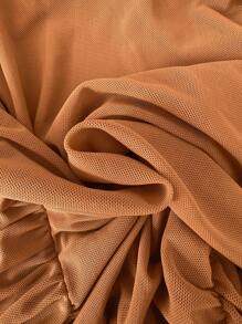 SHEIN LUNE Women's Brown Slim Fit Pleated Semi-Sheer Long Sleeve Base Layer T-Shirt - Mocha Brown - View 6