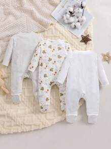 SHEIN 3pcs Baby Boy Cute Bear Pattern Oblique Lapel Long Sleeve Knitted Comfortable Romper Jumpsuit Graphic - Multicolor - View 2