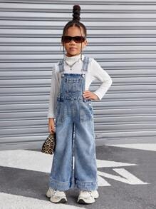 SHEIN Macacão jeans azul básico para meninas, estilo Y2K, calças e macacão jeans estilo street cool, roupas de outono e inverno para meninas