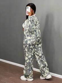 Slaydiva Casual Street Style 2 Pieces Set - Long Sleeve Multi-Pocket Jacket Top And Loose Wide-Leg Pants, Women Camouflage Utility Suit, Autumn/Winter - Multicolor - View 6