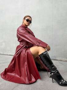 Flirla Plus Size Snake Emboss Pu Faux Leather Long Jacket, Deep Red Burgundy Color For Women - Burgundy - View 2