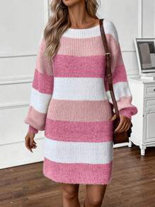 SHEIN LUNE Women Crew Neck Long Sleeve Striped Casual Short Sweater Dress In Fall/Winter - Multicolor - View 5