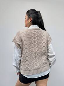 Calvaya Plus Size Solid Color Loose Knit Cardigan Vest, Casual And Versatile For Autumn/Winter - Camel - View 2