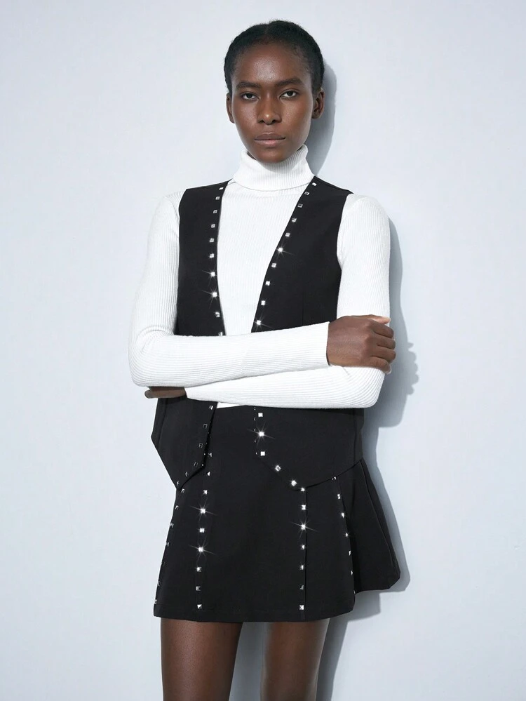 SHEIN Maija 2026 Spring & Summer Women's Black Sequin Decorated Pleated A-Line Skirt, Versatile Fashion Sparkly Rivet Decor Pleated Skirt For Party, Date, Office, Casual, Low-Key Elegant Urban Commute, Magazine Editor Same StyleWomen Easter Summer Easter Party Top Beach Summer Holiday Beach Vacation Summer Going Out Graduation Y2k