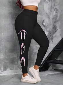 Plus Size Women High Stretch Denim Pants With Side Bow Ribbon Design - Black - View 7