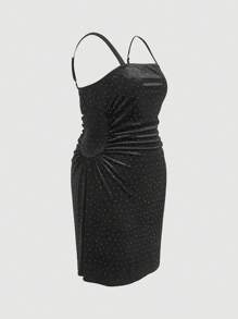 SHEIN MOD Plus Size Women Black Velvet Rhinestone Embellished Camisole Bodycon Dress