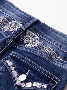 SHEIN Explorewe Teenager (Girls) New Rhinestone Embroidered Stretch Flared Distressed Denim Jeans - Dark Wash - View 7