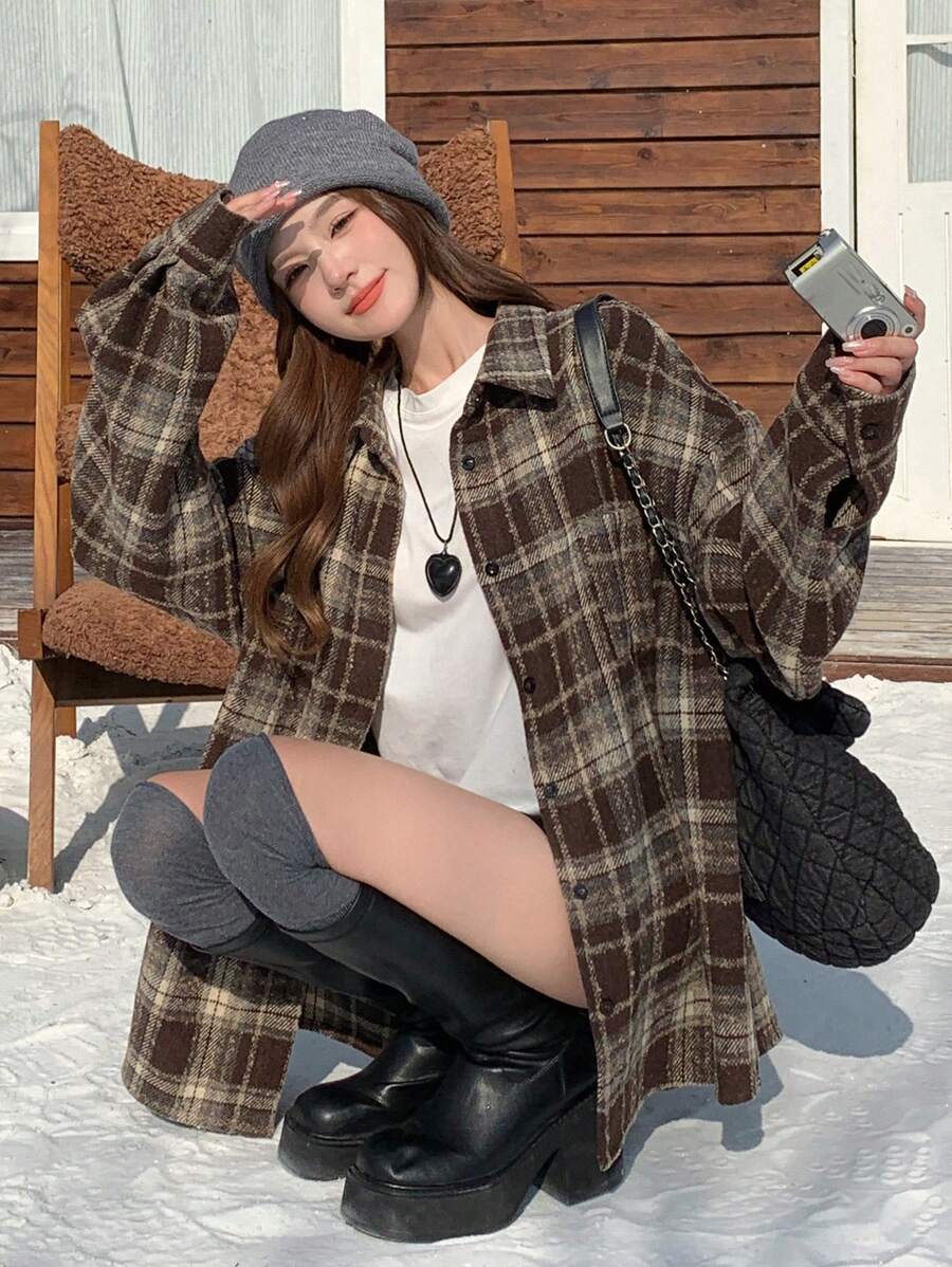 DAZY 女式长袖前扣休闲宽松格子衬衫，秋季服装，法兰绒女装 - 咖啡棕 - 查看 1