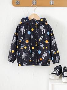 1 pieza Chaqueta con capucha acolchada, cálida y gruesa con forro de felpa, de estilo colegial cómodo y de moda simple y práctica, con estampado completo, para niños pequeños, adecuada para el uso diario, la escuela, los viajes, los deportes en otoño e invierno