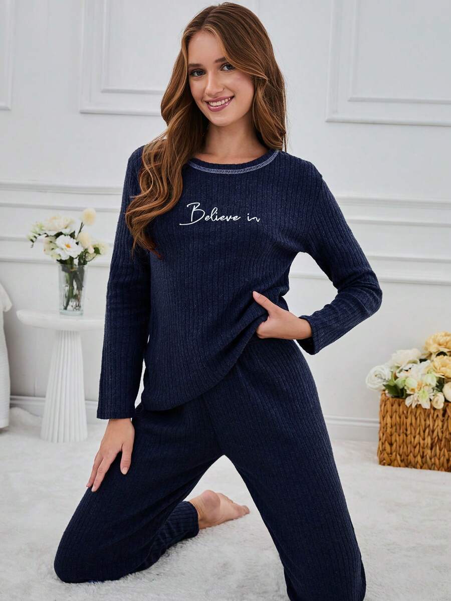 RueChic 100% Cotton 2Pcs  Slogan Injection Printed Shirt And Lounge Bottom Homewear Lounge Set - Navy Blue - View 1