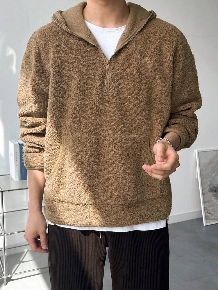 Men's Letter Graphic Drop Shoulder Long Sleeve Fleece Hoodie, Autumn,Winter Quarter Zip Men