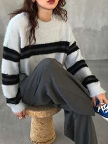 FRIFUL Women Striped Colorblock Gradient Loose Knit Sweater,Fall Women Clothes - Grey - View 7