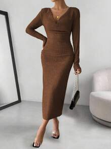 Chiquease 女士优雅绿色垂领长袖纹理修身褶皱性感中长连衣裙，秋冬长款女装 - 棕色 - 查看 7