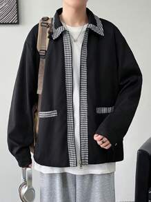 Claim Dot Men's Autumn Patchwork Houndstooth Drop Shoulder Zip Front Casual Shacket - Multicolor - View 4