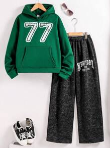休闲酷炫风格舒适男童连帽衫上衣和裤子套装，青少年男孩 - 彩色 - 查看 1
