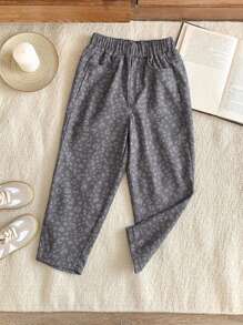 SHEIN 年轻女孩优雅豹纹宽松阔腿裤，法式风格，灰色，适合圣诞节，秋冬季 - 鏽棕色 - 查看 6