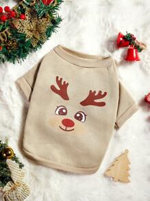 PETSIN 1pc Fawn Print Fleece Sweatshirt For Pets In Apricot Color, Christmas Theme - Multicolor - View 1
