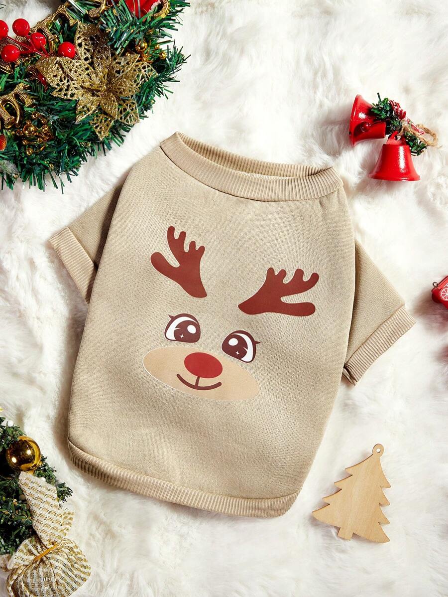 PETSIN 1pc Fawn Print Fleece Sweatshirt For Pets In Apricot Color, Christmas Theme - Multicolor - View 1