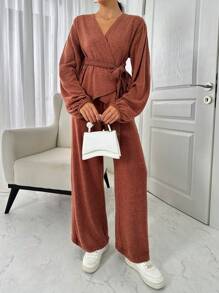 SHEIN Cottnline Anvelop Blouse And Wide Legs Pant Two Pieces Seta - Brown - View 4