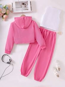 3pcs/Set Girls Casual Waffle Texture Long Sleeve Sweatshirt, Printed Tank Top And Pants Set