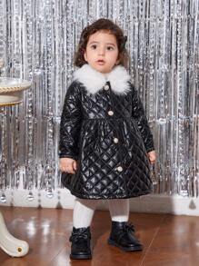 SHEIN Baby Girl Cute Rhombus Pattern Warm Thermal Lined Mid-Length Padded Coat, Autumn/Winter - Pink - View 1