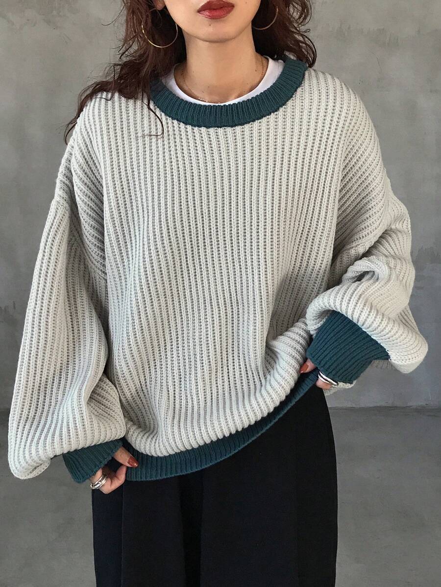 FRIFUL Women Autumn/Winter Contrast Color Round Neck Dropped Shoulder Long Sleeve Casual Loose Knitted Sweater,Three Quarter Sleeve Tops