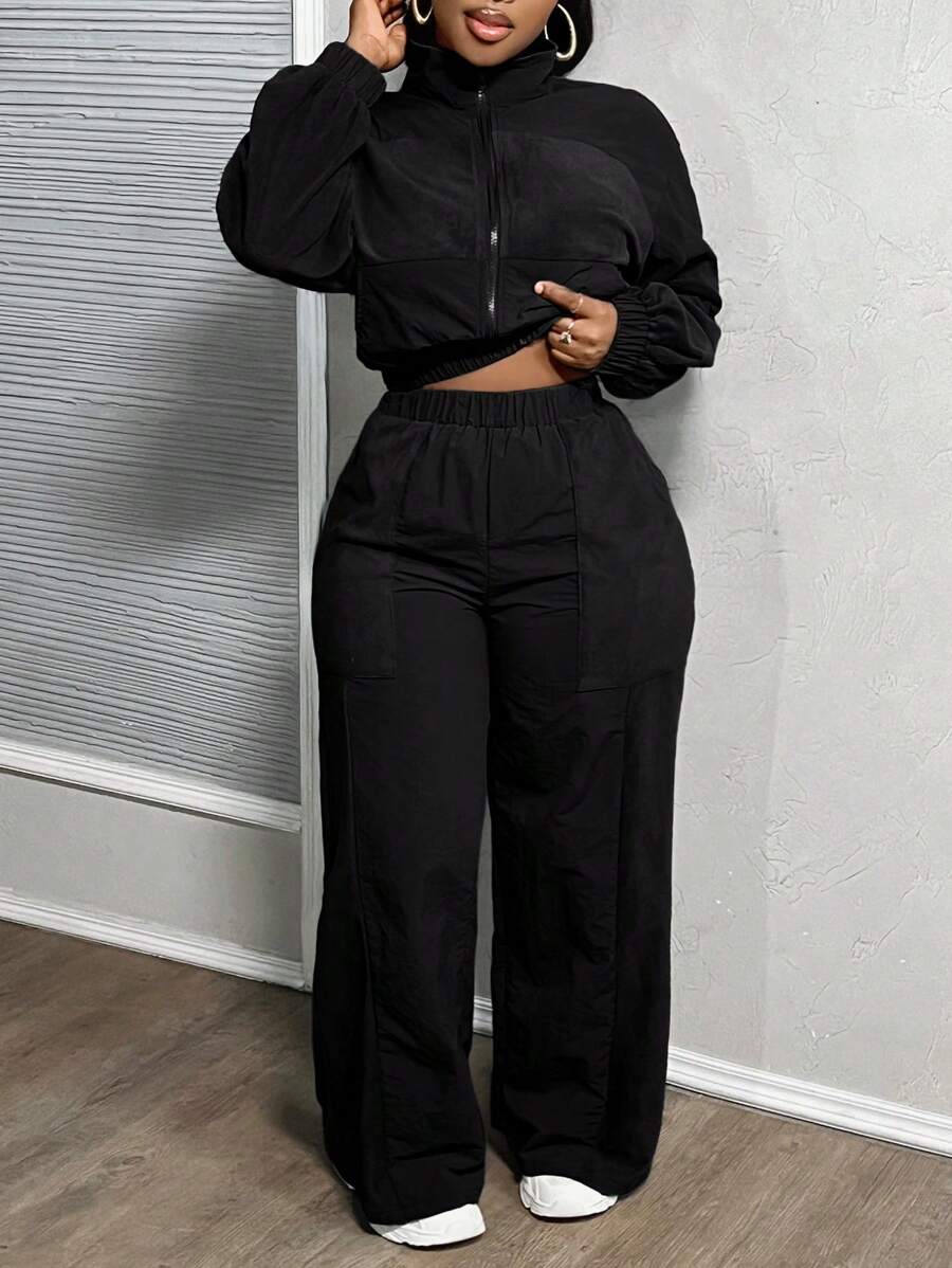 Slaydiva 2pcs/Set New Casual Young Sports Stand Collar Zipper Raglan Long Sleeve Sweatshirt Jacket + Straight Leg Thermal Lined Pants For Women, Autumn/Winter