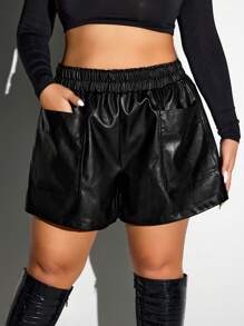 SHEIN ICON Plus Size Women Black PU Leather Shorts With Pockets - Black - View 3