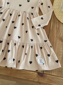 SHEIN 针织心形图案修身年轻女孩休闲连衣裙 - 卡其色 - 查看 5