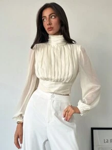 Aloruh 女士杏色立领长款泡泡袖收褶短衬衫，适合秋季约会 - 杏色 - 查看 2