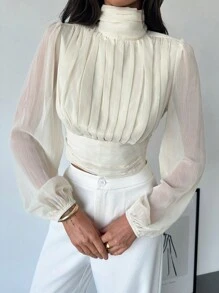 Aloruh 女士杏色立领长款泡泡袖收褶短衬衫，适合秋季约会 - 杏色 - 查看 5