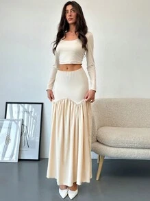 Aloruh 2 件套杏色圆领修身 T 恤 + 褶皱喇叭裙套装，百搭秋冬装 - 米色 - 查看 5